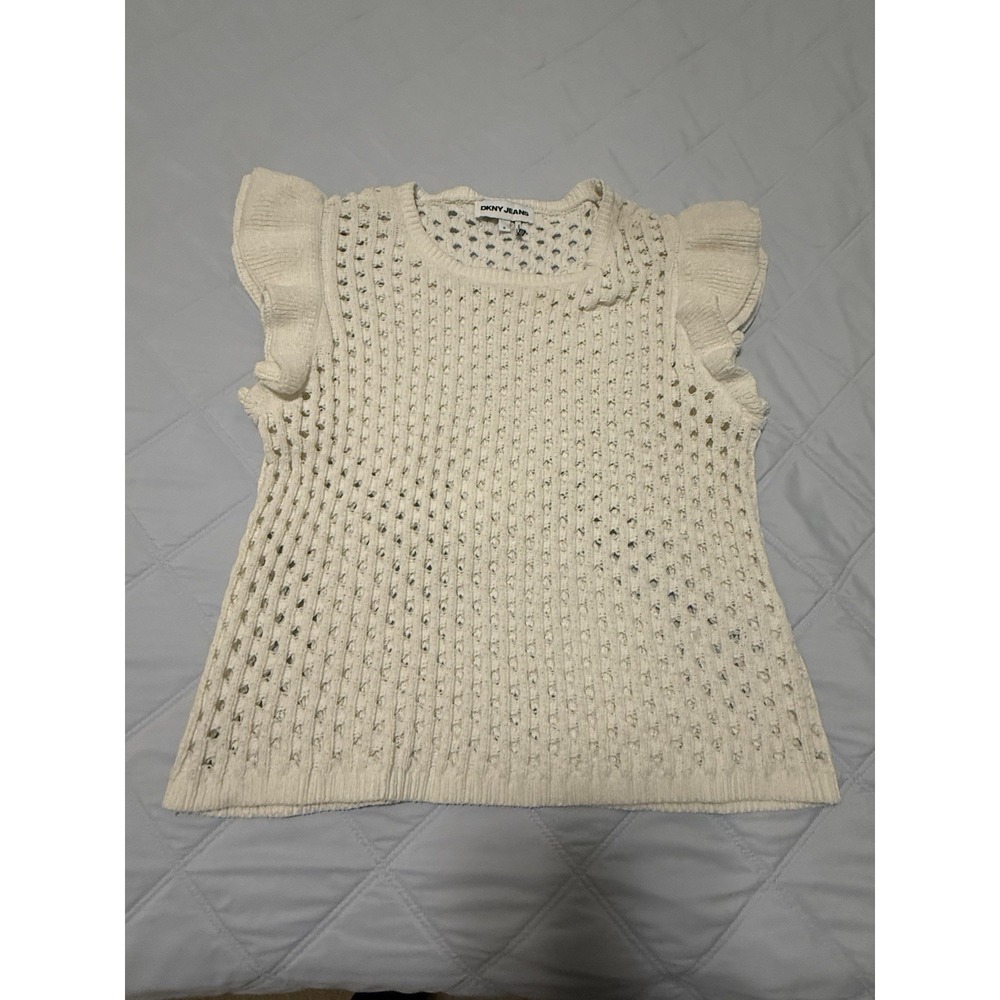 DKNY Jeans Baby Chenille‎ Pointelle Sweater Women XL Ivory Rib Flutter-Sleeve